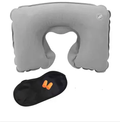 Produktbild von Nackenkissen mit Schlafmaske und Ohrstöpseln - Reiseset - Flugzeugreiseset - Aufblasbares Nackenkissen - 3-in-1 - Gut schlafen im Flugzeug - CHPN