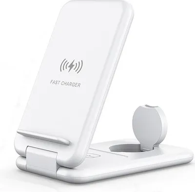 Productafbeelding van Opvouwbare 3-in-1 draadloze oplader, 15W, snellaadstation voor oordopjes en mobiele telefoon, wit