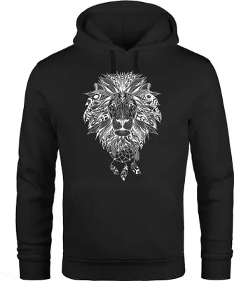 Produktbild von Hoodie Herren Aufdruck Löwe Boho Style Atzekenmuster Traumfänger Ethno-Print Kapuzen-Pullover Männer Neverless® schwarz L