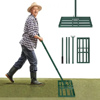 Produktbild von TRMLBE Rasen Rakel Stahl Rasenrechen mit Stiel Einstellbar 25x50cm Garten Rake 95-185cm Lang Levelingrake Leveling-Rake zum Sanden Golf Garten, Grün