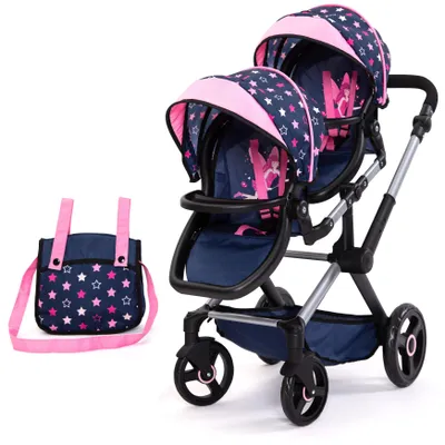 Immagine prodotto di Carrozzina gemellare Xeo Twin blu/rosa con fata - Carrozzina per bambole