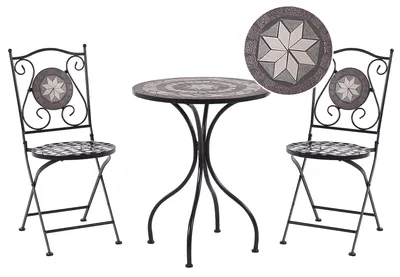 Produktbild von BELIANI Balkonset Schwarz Eisen 3-teilig Keramik Mosaik Runder Tisch mit 2 Stühlen Zusammenklappbar Garten Outdoor Terrasse Ausstattung Möbel