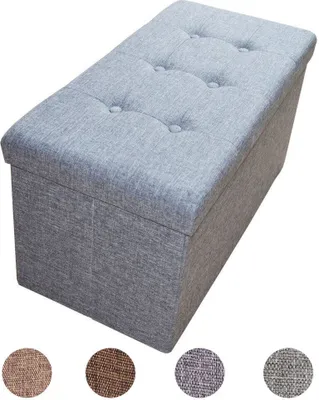 A gray upholstered storage ottoman with button tufting on the lid, shown from a diagonal front-facing angle. Four small circular swatches of different fabric textures are displayed below the ottoman, likely representing color options.