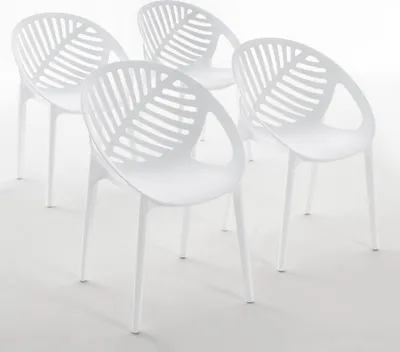 Produktbild von 4er-Set stapelbare Stühle aus glasfaserverstärktem Harz für Außenbereich, Garten, Bars und Restaurants – modernes, von Blättern inspiriertes Design – VIVIAN – Weiß