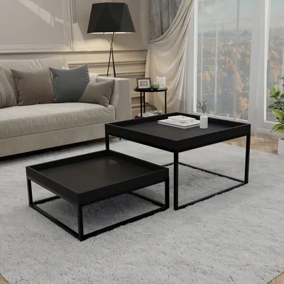 Produktbild von IDOHOME-Moderner Couchtisch LABO 2in1 Tisch 2er Set Wohnzimmertisch Metallrahmen Stapelbar Schwarz