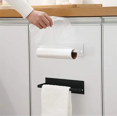 Produktbild von WC-Rollenhalter - Toilettenrollenhalter - Küchenrollenhalter - Regal Badezimmer - Küchenpapierhalter an der Wand montiert - Serviettenaufbewahrungsregal Halter unter dem Schrank - Rollenhalter für Papiertücher selbstklebend - Bohren nicht nötig - Schwarz