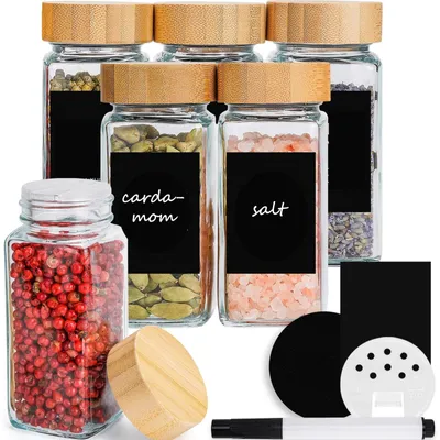 Productafbeelding van Kruidenpotjes kruidenpot kruidenstrooier - 120 ml - Vierkant - 6 stuks - Bamboe deksel - Zwart etiket