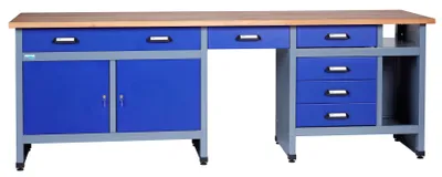 A workbench with blue drawers and doors, and a wooden top, set against a white background.