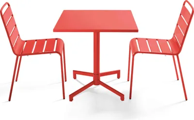 Image de Ensemble table 70 cm et 2 chaises de jardin en métal rouge - Oviala Palavas