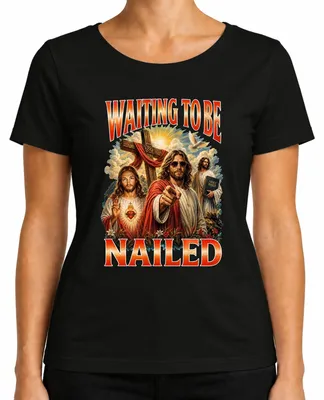 Productafbeelding van Wachtend om gekruisigd te worden. Jezus. Grappig, humoristisch, statement, sarcasme. T-shirt voor dames, zwart, maat M