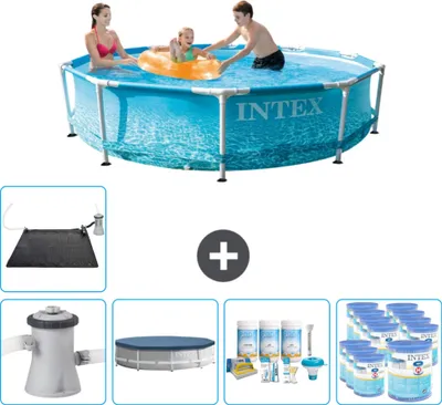 Produktbild von Intex Rundrahmen-Schwimmbecken – 305 x 76 cm – Wasserdruck – inklusive Pumpe Abdeckung - Wartungspaket - Filter - Solarmatte