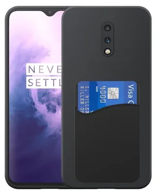A black phone case with a cardholder slot is shown on a phone.
