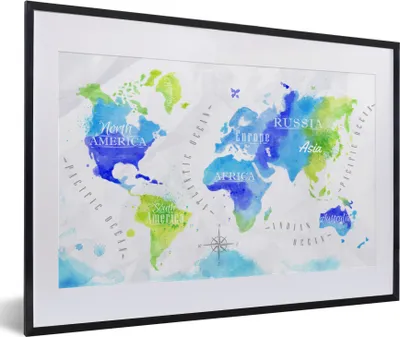 Produktbild von MuchoWow® MuchoWow® Gerahmtes Poster Weltkarte - Aquarell - Grün - Blau 60x40 cm - Poster mit zchwarzem Bilderrahmen - Schlafzimmer - Plakat in Rahmen - Drucken