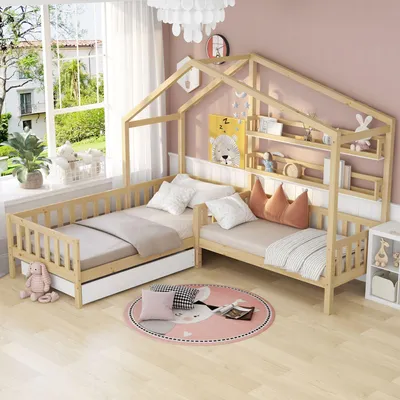 Immagine prodotto di okwish Letto per bambini per camera (90x200 cm + 140x70 cm, naturale) Bellissimo letto per bambini in legno con barriera e spazio di archiviazione, stile nordico, doghe in legno massiccio