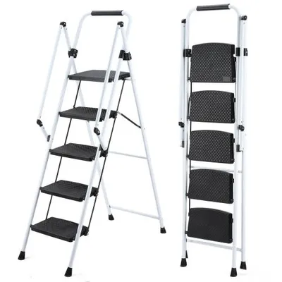 Produktbild von Klappbare Stehleiter 4/5 Stufen, Haushaltsleiter bis 150 kg, breite Anti-Rutsch-Stufen, Sicherheitsgriff, Stahl, Weiß