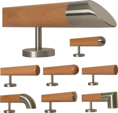 Produktbild von TIBU Buche Holz Handlauf Geländer 0,3m - 5m, Länge 50 cm, schräges Edelstahlendstück und 2 gerade Halter