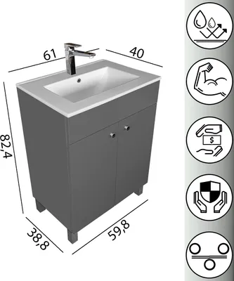 A 3D rendering of a gray bathroom vanity with a white sink and faucet, with dimensions indicated by lines and numbers.