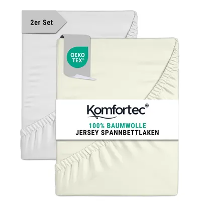 Produktbild von Komfortec 2er Pack Jersey Spannbettlaken 180x200 cm, 100% Baumwolle, Doppelpack Spannbettuch, Ecru&Weiß
