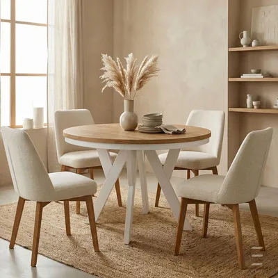 Image de Table ronde à rallonges pour la salle à manger, PERO avec un piètement à anneaux, style loft, scandinave, diamètre : 100 / 200 cm, couleur : Craft Golden/Blanc