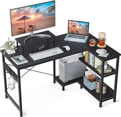 Image de Bureau d'angle en forme de L Unyqoos® avec étagère et support pour écran, réversible, bureau pour ordinateur et jeux, en bois et en métal, noir, 120 x 80 x 75 cm