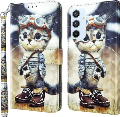 Produktbild von CLM-Tech Hülle kompatibel mit Samsung Galaxy A54 5G - Tasche aus Kunstleder - Klapphülle mit Ständer und Kartenfächern, coole Katze