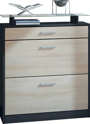 Produktbild von Vladon Schuhschrank Loret, Schuhkipper für 16 Paar Schuhe mit 2 Klappen und 1 Schublade und Glasablage, Schwarz matt/Eiche Sägegrau (89 x 104 x 23 cm)