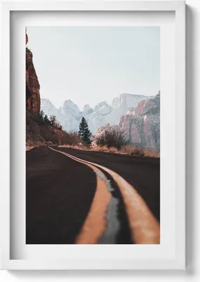 Produktbild von Straße zwischen Bergen– Wandbild mit Rahmen – Gerahmtes Bild  – Wanddekoration – 40x60 cm – Weiß
