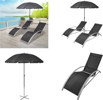 Produktbild von vidaXL Sonnenliegen mit Schirm Aluminium Schwarz - Sonnenliege - Sonnenliegen - Sonnenbett - Sonnenbetten