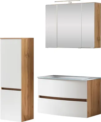 Produktbild von Waschtisch-Set Badezimmer Bad-Set "Kopenhagen III" Wotaneiche, Matt Weiß