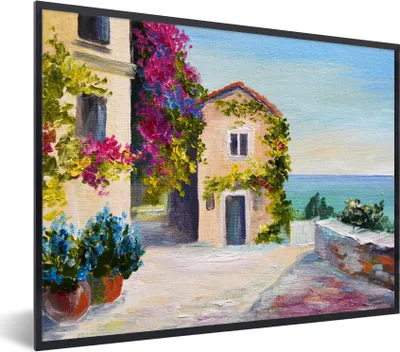 Produktbild von MuchoWow® Gerahmtes Poster Malerei - Haus - Ölfarbe - Dorf 80x60 cm - Poster mit Schwarzem Bilderrahmen Wandposter Rahmen Foto Bilder - Schwarzem - Mit Gestell