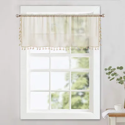 Produktbild von Boho Scheibengardine Stangendurchzug Durchsichtig Vorhang Kurz Küchengardinen mit Quasten Halbtransparente Bauernhaus Gardinen für Balkontü 1 Stücke 140x46cm