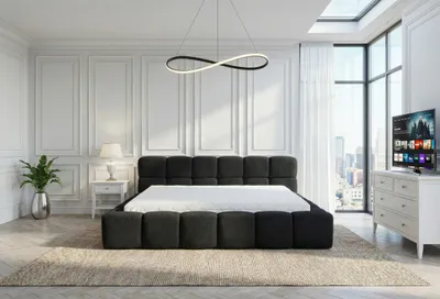 Produktbild von Polsterbett mit Bettkasten BAHRA / LAMBI 12 Schwarz / Schlaffläche 160 cm x 200 cm/ Metallrahmen / Bett mit gepolstertem Kopfteil/ Bouclé, KI-generiertes Bild