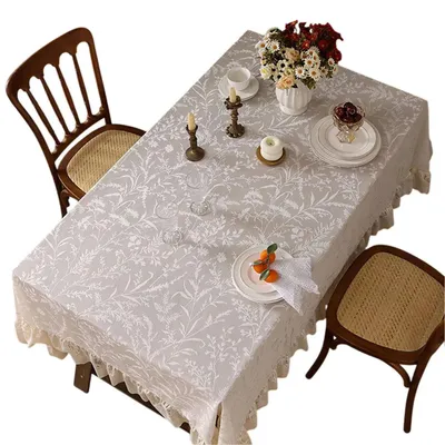 Produktbild von Vintage Tischdecke Spitzentischdecke mit Blumenmuster & Rüschen, Weiß 140x220cm