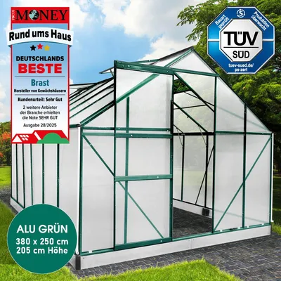 Produktbild von BRAST Gewächshaus Aluminium mit Fundament | 380x250x205cm | 6mm Hohlkammerplatten | rostfrei wetterfest temperaturbeständig | Grün