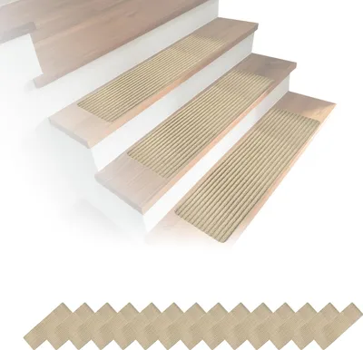 Produktbild von Relaxdays Stufenmatten 16er Set, rechteckige Treppenstufenmatten, 65 x 20 cm, selbsthaftende Treppenteppiche, beige