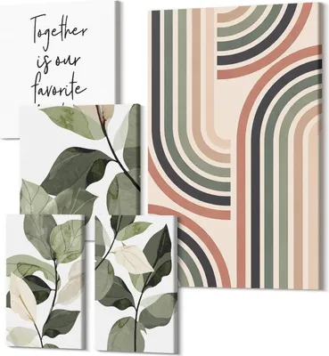 Produktbild von Wandbilder Leinwand 5-teilig – – Polycanvas Kunstdruck – Moderne Bilder für Wohnzimmer & Schlafzimmer – Aufhängefertig – 2x 30x30 cm + 2x 20x30 cm + 1x 40x60 cm – Stilvolle florale Akzente mit geometrischen Mustern