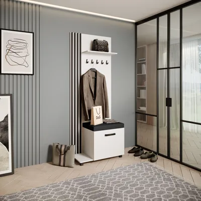 Image de Armoire LIVIA - Armoire haute avec cintres, armoire à chaussures, blanc, lamelles noires, coussin d'assise noir, à gauche