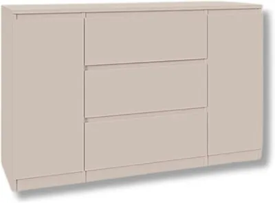 A neutral studio shot of a beige dresser with three drawers and two doors.
