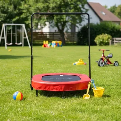 Obrázek produktu pro Mini trampolína – fitness trampolína – skládací, rozměry 143,5 × 97 cm – 5 nastavitelných rukojetí – nylon – červená
