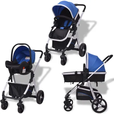 Produktbild von vidaXL 3-in-1 Kinderwagen Aluminium Blau und Schwarz