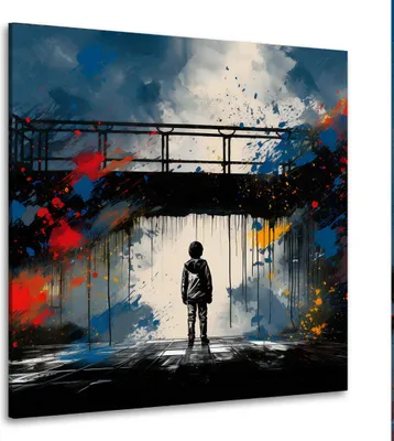 Produktbild von Street Art Bridge Junge vor Brücke Leinwandbild Wandbild Kunstdruck XL abstrakt: 60x60x2cm