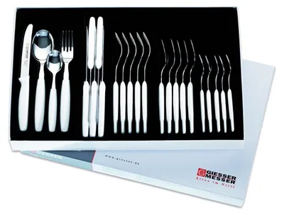 A set of cutlery in a black box, with packaging underneath.