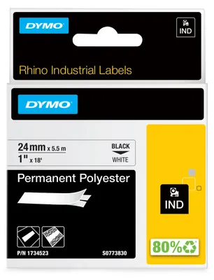 Obrázek produktu pro DYMO RHINO - permanentní polyesterová páska 24 mm x 5,5 m, černá na bílé, Černá na bílé, Vícebarevný, Polyester, -40 - 150 °C, UL 969, DYMO