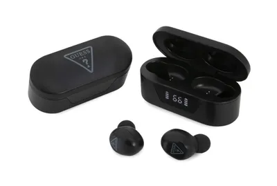 A pair of black wireless earphones and their charging case are displayed on a white background.