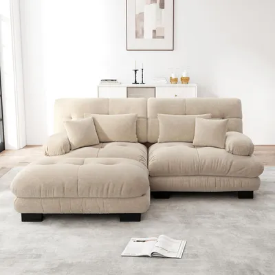 Image de Canapé d'angle Cloud pour salon, canapé double en chenille avec 2 coussins lombaires et 2 coussins décoratifs, canapé rembourré avec larges accoudoirs et pouf, chenille marron clair