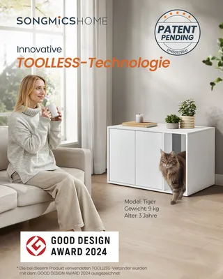 Produktbild von SONGMICS HOME Katzenkloschrank, Schneeweiß, Push-to-Open Türen, werkzeuglose Montage, für große Katzen, Holzspanplatte, 80x50x50 cm, minimalistisch, bis 60 kg, GOOD DESIGN AWARD 2024