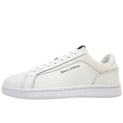 A side view of a white sneaker with beige accents.