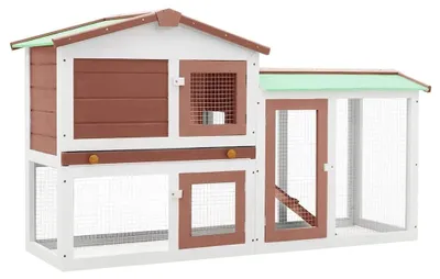 Produktbild von Kleintierstall Hühnerstall Hasenstall Kaninchenstall mit Freigehege und Auslauf aus Holz für Hasen Hühner Kaninchen Meerschweinchen Braun und weiß