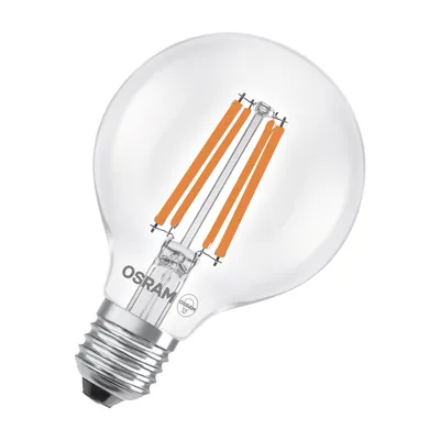 Obrázok produktu pre LED žiarovka OSRAM v klasickom tvare gule, s dekoratívnym LED vláknom, energetická trieda A, E27, 5 W, 1055 lm, 2700 K, teplá biela. Žiadne zahrievanie, 100 % svetlo okamžite. Nízke blikanie.