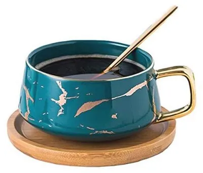 Produktbild von Famanu Teetasse Kaffeebecher Set mit Holzuntersetzer - Marmor-Design